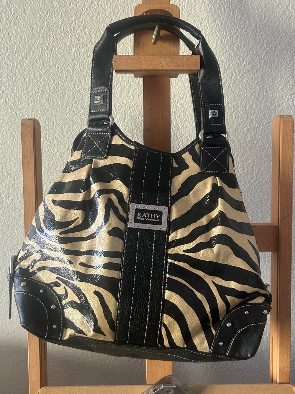 Kathy Van Zeeland Black and Cream Zebra Print Hobo Bag